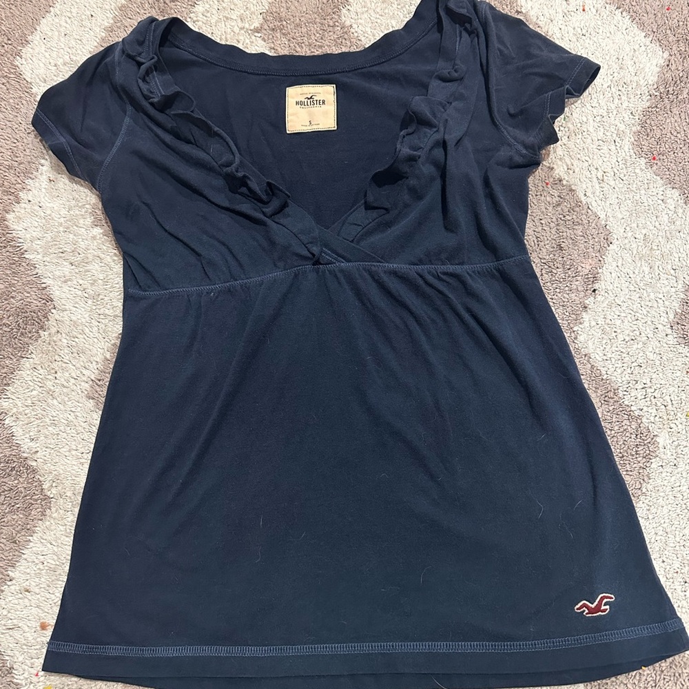 Hollister Women's Dark Blue Ruffle Tee
